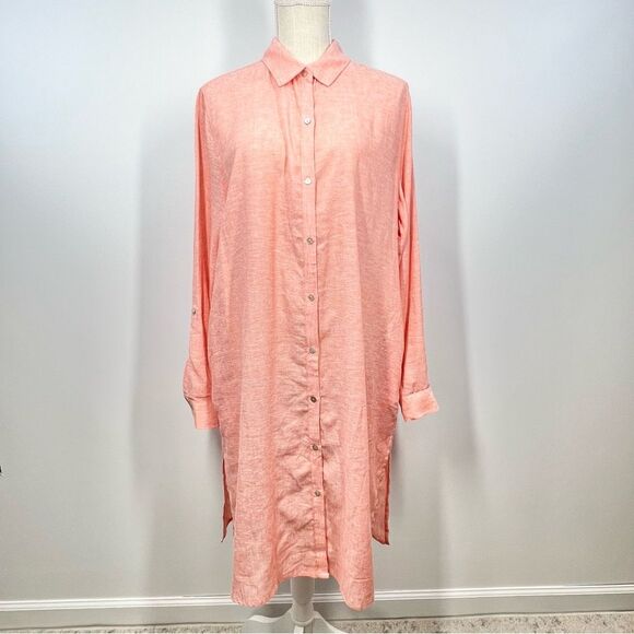 Tahari Linen Blend Coral Button Up Cover Up Shirt Dress Large - Picture 1 of 10